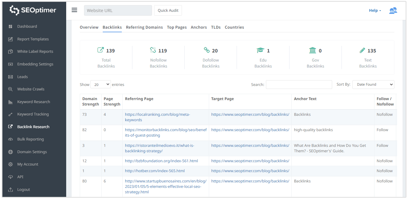 investigación de backlinks de seoptimer